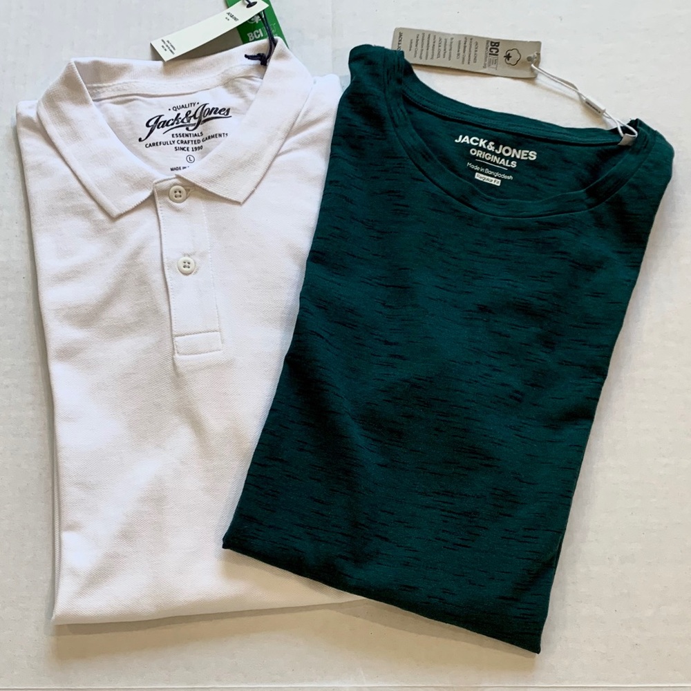 Jack & Jones green tee and Jack & Jones white polo